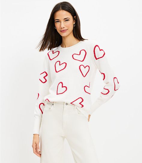 Heart Sweater | Loft Valentines Sweater, Gamine Style, Petite Sweaters, Whisper White, Heart Sweater, Stylish Sweaters, Detailed Sweater, Petite Tops, Wear Pink