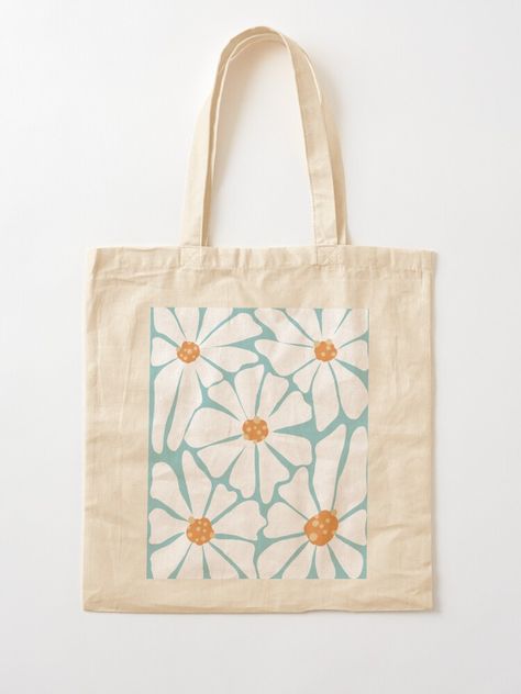 "Flowers, maybe daisies, on blue background, flat minimalistic illustration" Tote Bag for Sale by Lala-and-Jull | Redbubble Beachy Painted Tote Bags, Paint On Canvas Bag, Painting Canvas Tote Bags, Painting Ideas On Canvas Bag, Diy Canvas Tote Bag Paint, Canvas Bag Painting Ideas Easy, Canvas Tote Painting Ideas, Canvas Tote Bag Painting Ideas Easy, Painting Ideas Tote Bag