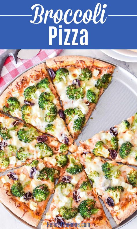 Are you a Broccoli Lover? Then you have to try Broccoli on Pizza! Learn how to make the BEST Broccoli Pizza using simple ingredients: Fresh Broccoli, Pizza Sauce (Pesto would also be delish!), Olives, Feta, and Cheese (Mozzarella + Asiago). Yum! This Homemade Broccoli Cheese Pizza recipe is Quick + Easy to Make and full of tasty Italian Flavors. You’ll love this unique, creative Veggie Pizza Topping. Make this Vegetarian Pizza with Broccoli tonight (great Weeknight Dinner! | Hello Little Home Pizza With Broccoli, Broccoli Pizza, The Best Broccoli, Cheese Pizza Recipe, Veggie Pizza Recipe, White Pizza Recipes, Best Broccoli, Sauce Pesto, Pizza Topping