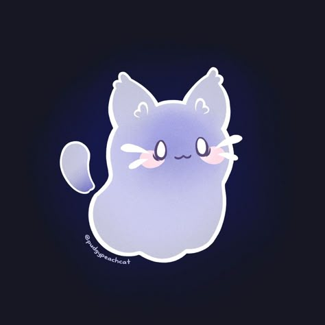 Cute Cat Ghost Drawing, Ghost Cat Drawing, Purple Cat Wallpaper, Ghost Cat Art, Wholesome Drawings, Ghost Pfp, Ghost Kitty, Happy Expression, Anime Ghost