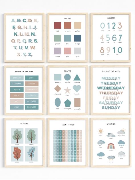 Set of 9 Educational Poster, Classroom Posters, Homeschool Printables, Educational Wall Art, Alphabet Poster, Playroom Poster, Montessori, Playroom Sign, Classroom Bundle, Kindergarten Classroom Prints  Click to shop more classroom wall decor and browse more educational poster to bring your classroom designs to the next level!  Each print includes 5 high resolution JPG files with different ratio sizes: Homeschool Posters Free, Wall Art Kindergarten, Montessori Wall Art, Classroom Designs, Art Kindergarten, Kindergarten Posters, Poster Classroom, Playroom Posters, Teacher Posters