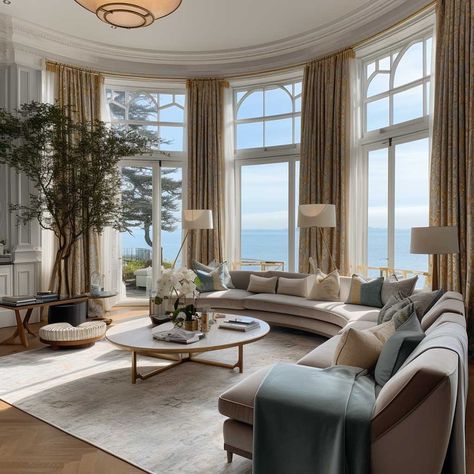 Bow Windows Living Room, Family Room Bay Window, Large Bay Window Living Room, Bay Window Office, Coastal Living Rooms Beach, Bedroom With Bay Window, Bay Window Dressing, Creative Window Treatments, Bay Window Treatments