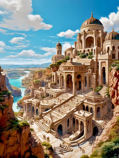 Fantasy Temple Concept Art, Fantasy Greece, Ancient City Drawing, Fantasy Temple Art, Roman Fantasy Art, Fantasy Roman Architecture, Greek Fantasy Art, Temple Fantasy Art, Fantasy Mediterranean City