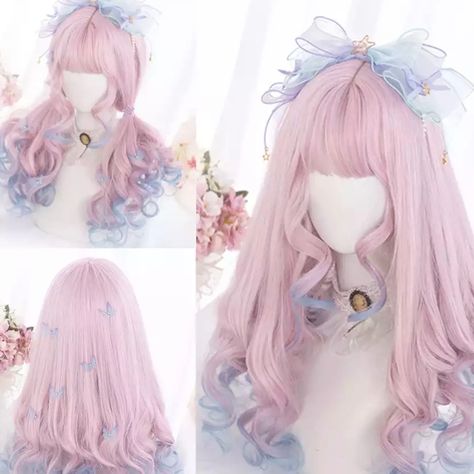 New Beautiful Colorful Wig Regular Daily Wig Fashionable Party Use High Temperature Fiber Wavy Long Length Do Not Perm One Piece - Fits Most Mixed Pink Blue Colors Style On Your Own Wig Only Hair Accessories Not Included Aesthetic Wigs, Blue Tips Hair, Icy Blue Hair, Pastel Wig, Colorful Wig, Kawaii Wigs, Blue Ombre Hair, Pastel Ombre, Blue Tips