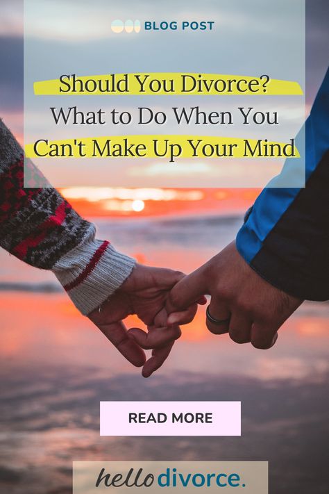 Once you admit to yourself that you're considering divorce, the logistical concerns come into play. Can you afford to split? What would your friends and co-workers say? What about your kids? Family members? Other obligations?  Getting a divorce is one of the biggest decisions a person can make, so it's natural to feel overwhelmed by the idea. Here's some help...  #divorce #separation #breakup #shouldidivorce #indecision When To Divorce, Contemplating Divorce, Divorce Planning, Divorce Signs, Preparing For Divorce, Coping With Divorce, Getting A Divorce, Pros And Cons List, Separation And Divorce