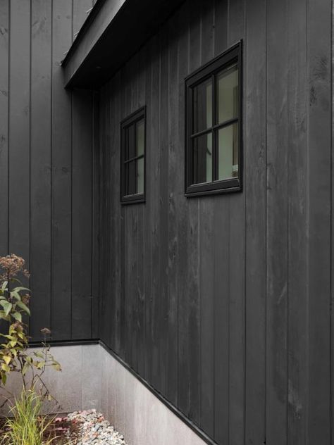 A Look Inside Vertical Wood Siding Exterior, Black Vertical Siding, Black Farmhouse Exterior, Vertical Siding Exterior, Modern Siding, Contemporary Cabin, Steel Siding, Siding Options, Vertical Siding