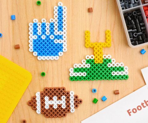 Back to School Perler Beads | Free School Perler Bead Patterns School Perler Beads, Beads Craft Kids, Football Keychain, Bead Frames, Perler Bead Templates, Bead Frame, Beads Pictures, Kindergarten Crafts, Diy Crafts Hacks