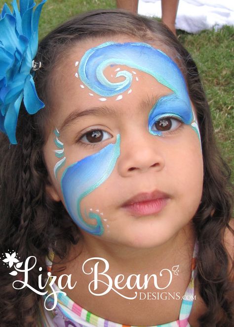 "Wave" Face Painting Design for a Mermaid Themed Party Face Paint Ocean Theme, Water Face Painting, Water Face Paint, Ocean Face Painting, Wave Face Paint, Easy Wave Painting, Mermaid Face Paint Kids Easy, Moana Face Paint, Ocean Face Paint