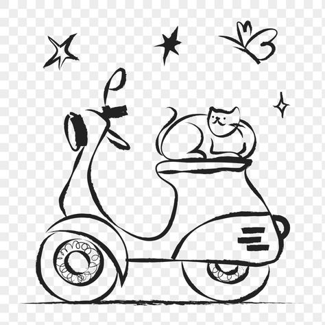 Scooter Doodle, Motorcycle Doodle, Motorcycle Black And White, Drawing Motorcycle, Scooter Drawing, Bike Sticker, Motorcycle Black, Cute Doodle, Cat Png