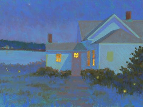 The Moonlight and Fireflies by Suzanne Siegel (Giclee Print) | Artful Home House At Night Painting, Suzanne Siegel, Dutch Landscape, Purple Water, Painting Pastel, Pastel Landscape, Original Pastel, Artful Home, Drawing Artist