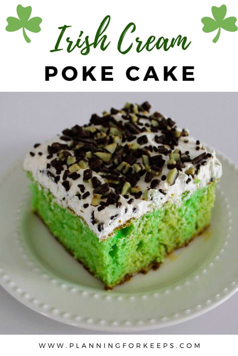 A delicious and easy dessert perfect for St. Patrick's Day! Irish cream poke cake combines flavors of Irish cream and mint topped with Cool Whip, chocolate sprinkles, and Andes mint baking chips. #stpatricksdaydessert #pokecakerecipes #makeaheaddessert Irish Cream Poke Cake, Mint Baking, St Patricks Desserts, St Patricks Food, Cream Poke Cake, St Patrick's Day Dessert, St Patrick Day Snacks, St Patricks Day Cakes, Poke Cake Recipe