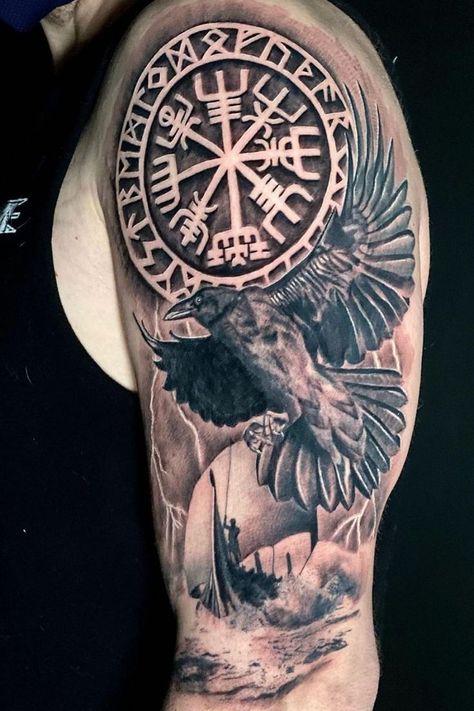 Searching for trendy and unique Viking tattoo ideas for men? Everything you need in our article: 53 interesting ideas, their meanings, and much more! Viking Tattoo Ideas For Men, Viking Tattoo Ideas, Viking Compass Tattoo, Celtic Sleeve Tattoos, Viking Tattoos For Men, Stammestattoo Designs, Cover Up Tattoos For Men, Stencils Art, Compass Tattoo Men