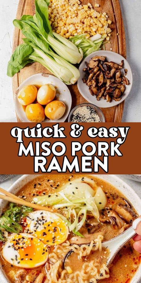 This miso pork ramen is an approachable recipe that tastes like Japanese takeout right at home! The miso soup is packed with a rich, savory broth, tender ramen noodles, and crispy ground pork. And the topping options are endless. This delicious dish is a feast for the eyes—and stomach! Chasu Pork Ramen, Pork Belly Miso Ramen, Meat For Ramen, Peanut Ramen Soup, Pork Tonkatsu Recipe Ramen, Pork For Ramen Recipe, Pork Ramen Recipes Authentic, Ramen With Pork Chop, Homemade Pork Ramen