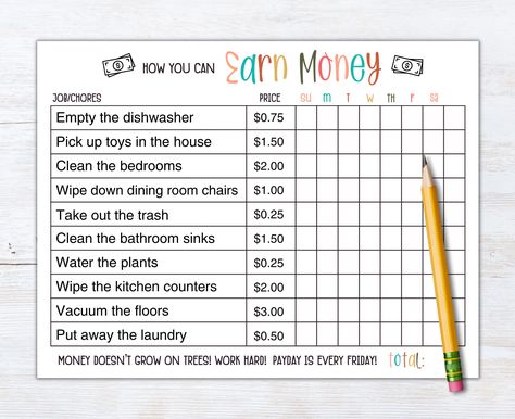 Want to encourage your kids about hard work to earn money? This Editable How to Earn Money Chart is great for kids! They can visually see their hard work throughout the week and get pay by Friday. Let's teach them about responsibility early on especially when we all know money doesn't grow on trees!  WHAT'S INCLUDED IN THIS DIGITAL DOWNLOAD(S)? ------------------------------------------------------------------------------ * 1 US letter sized - EDITABLE How to Earn Money - 8.5 x 11 inches * 1 A4 document - EDITABLE How to Earn Money - 297 x 210 mm HOW TO OBTAIN/ACCESS? ------------------------------------------------------------------------------ * Once you have purchased the item, it will be instantly downloaded to your PC. You can view your downloaded product from the "Purchases and Revie Money Chore Chart, Allowance Chore Chart, Chores And Allowance, Allowance Chart, Kids Responsibility Chart, Reward System For Kids, Kids Chore Chart, Chore Chart For Kids, Money Chart