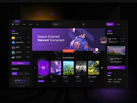 Gaming Stream UI by Suvam Prasad on Dribbble Gaming App Design, Gaming Website Design Inspiration, Gaming Ui Design, Game Website Ui, Streaming Website Design, Gaming Website Design, Game Website Design, Game App Ui, Game Web Design