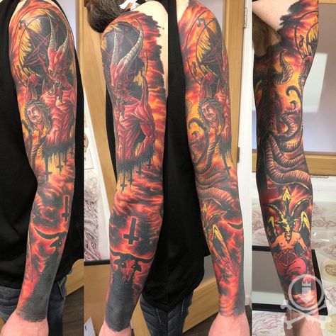 Awesome demonic full sleeve tattoo by Chris Curtis.  #12ozstudios #team12oz #tattoo #tattoos #tattooed #tattooing #tattooism #tattooart #tattooartist #tattooer #tattooist #art #artstudio #tattooshop #tattoostudio #ink #inked #colortattoo #fullsleeve #fullsleevetattoo #sleevetattoo #devil #deviltattoo #satan #satantattoo #eviltattoos #metal #heavymetal Demon Sleeve Tattoo, Demonic Leg Sleeve Tattoo, Heavy Metal Tattoo Ideas For Men, Devil Sleeve Tattoo, Hot Stuff Devil Tattoo Design, Satanic Leg Sleeve, Heavy Metal Tattoo, Evil Tattoo, Devil Tattoo