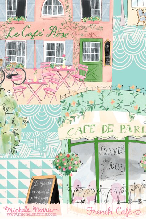 French Cafe illustration, hand lettering, pink, blue, whimsical Parisian Pattern, French Cartoon Illustration, Paris Aesthetic Illustration, French Cafe Illustration, French Cafe Artwork, Paris Street Cafe, Paris Buildings Illustration, Paris Nursery, Paris Cafe Print