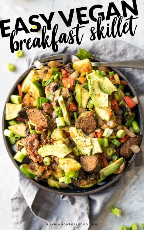 This simple Southwest Vegan Breakfast Skillet recipe can be on the table in about 10 minutes. Chop some veggies, cook 'em up with spices and vegan sausage, top with avocado and salsa and dig in. High-protein, oil-free. Easy Vegan Breakfast, Running On Real Food, Breakfast Skillet Recipes, Vegan Breakfast Easy, Breakfast Skillet, Plant Based Breakfast, Vegan Sausage, Vegan Meal Plans, Savory Vegan