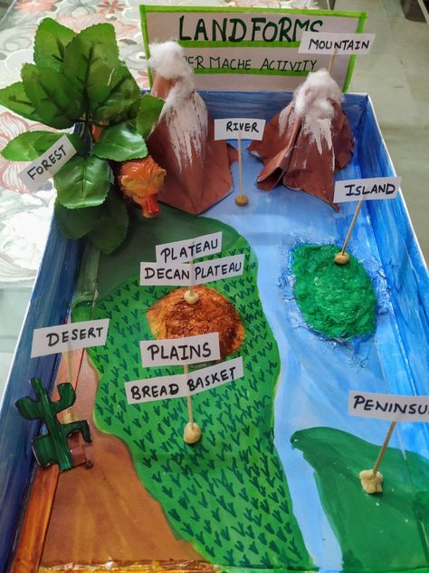 Edible Landforms Project, Landforms Bulletin Board Ideas, Landforms Of India Project, Different Landforms Model, Geography Landforms Project, Landform Projects For Kids 2nd Grade, Landform Diorama Projects, Landforms Model Projects 2nd Grade, Civics Project Ideas