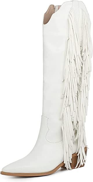 KiutSymo Cowgirl Fringe Boots For Women White Tassels Cowboy Boots Knee High Pointed Toe Western Boots Boots For Women White, Cowgirl Fringe, Fashion Cowboy Boots, Boots Knee High, Boheme Chic, Western Outfit, Boots Western, White Tassel, Fringe Boots