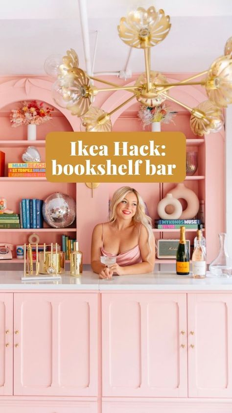 Bookshelf And Bar, Dry Bar Ikea Hack, Ikea Dry Bar, Pink Home Bar, Dream Loft Studios, Bookshelf Bar Ideas, Ikea Bar Hack, Ikea Hacks Bookshelves, Bar For Small Space