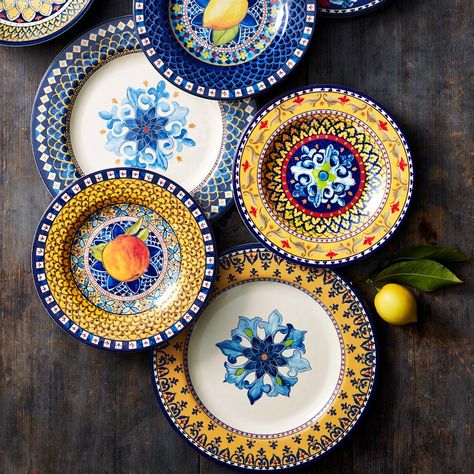 Sicily Outdoor Melamine Dinner Plate Set - Yellow - Set of 4 | Williams Sonoma Outdoor Plates, House Planning, Island Table, Outdoor Space Design, Outdoor Living Furniture, Melamine Dinner Plates, Melamine Bowls, Traditional Pottery, Easter Gifts For Kids