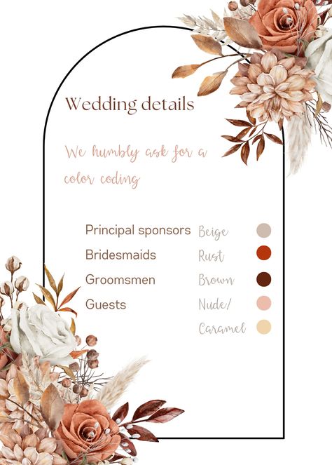 color scheme color coding guest request. brown rust motif. arch invitation Wedding Motif Ideas Color Schemes, Beige Wedding Theme, Brown Wedding Themes, Arch Invitation, Original Wedding Invitations, Boho Wedding Guest, Boho Wedding Colors, Filipino Wedding, Wedding Parties Colors