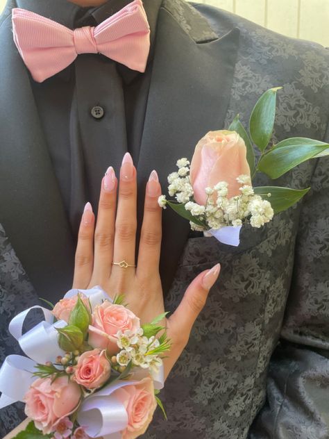 Pink Prom Couple, Prom Corsage Pink, Pink Quince Theme, Pink Prom Suit, Pink Corsage, Prom Flowers Corsage, Prom Tux, Prom Planning, Pink Boutonniere