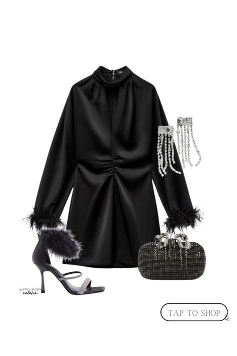 NYE Party Dress, black dress with feather cuffs, black heels with feathers, self portrait bow clutch bag, silver fringe earrings. Party wear, party season. Black Dress Feathers, Heels With Feathers, New Years Eve Party Dress, Nye Party Dresses, Earrings Party Wear, Feather Cuffs, Date Night Fashion, Party Dress Black, Zara Black Dress