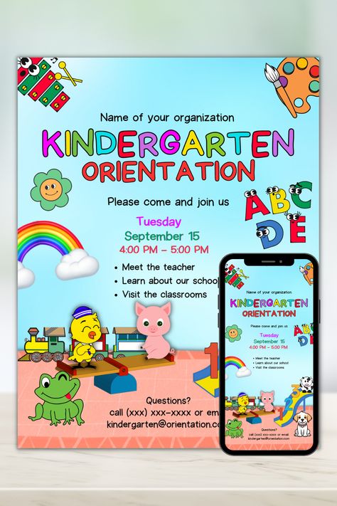 Editable kindergarten orientation flyer, back to school event, school orientation, teacher note, kindergarten roundup,Editable Dinosaur Invitation, Yellow blue red white and green Templates, Mobile Phone Text Party Email SMS Kindergarten Orientation, School Event Flyer, Education Flyer, Back To School Event, Dinosaur Invitation, Photo Frame Crafts, Dinosaur Invitations, School Event, Meet The Teacher