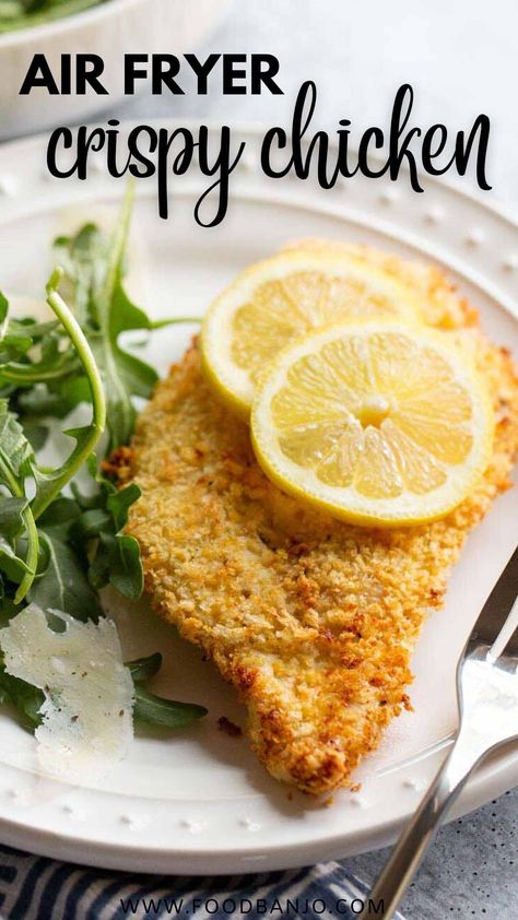 air fryer crispy chicken cutlet topped with lemon slices on a plate with salad Panko Chicken Cutlets, Air Fryer Panko Chicken, Air Fryer Crispy Chicken, Fried Chicken Cutlets, Panko Chicken, Chicken Cutlet Recipes, Breaded Chicken Cutlets, Cutlets Recipes, Air Fried Chicken