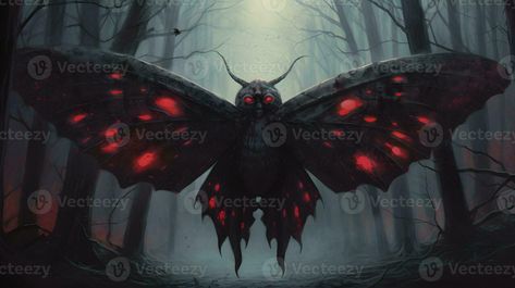 Mothman over the small American town. Illustration based on the urban legend of Point Pleasant. Town Illustration, American Town, Urban Legend, Point Pleasant, Urban Legends, Photo Search, Free Vectors, Tattoo Idea, The Urban