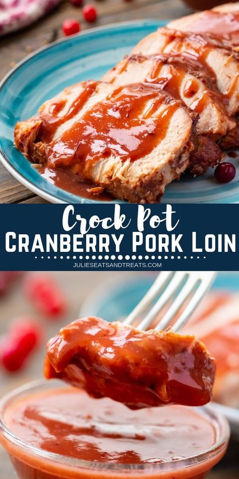 Cranberry Crock Pot Pork Loin is amazing! Tender, juicy pork loin that is cooked in a slow cooker all day and then topped with a delicious sweet and tangy cranberry sauce. This recipe is easy enough to make during the weeknight for busy nights and fancy enough to spoil dinner guests with. #crockpot #porkloin via @julieseats Cranberry Pork Loin, Crock Pot Pork Loin, Juicy Pork Loin, Pork Loin Crock Pot Recipes, Cranberry Pork, Slow Cooker Pork Loin, Crockpot Pork Loin, Crock Pot Pork, Crockpot Ribs