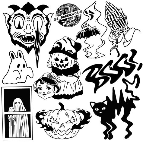 Halloween Flash Tattoo, Halloween Tattoo Flash, Easy Tattoos, Halloween Flash, Tattoo Flash Sheet, Halloween Tattoo, Old School Tattoo Designs, Line Work Tattoo, Cartoon Tattoos