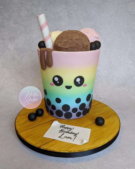 Bubble Tea Ice Cream Cake | Party Cakes Gallery Boba Centerpiece, Bobba Tea Cake, Boba Pinata, Boba Theme Cake, Bubble Tea Cupcakes, Boba Cake Pops, Boba Tea Cake Ideas, Boba Cake Birthday, Boba Birthday Cake