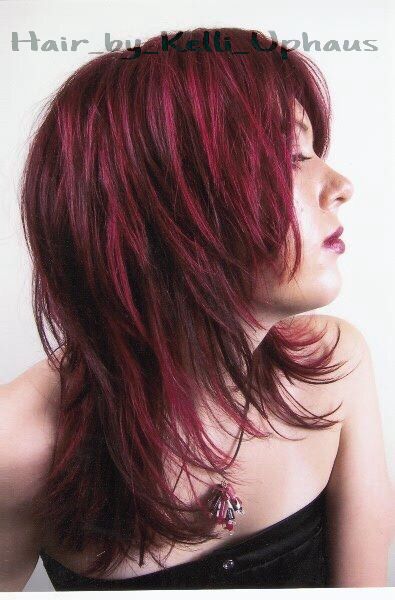 Red long layers shag hair Shag Hairstyles Dyed, Grungy Layered Hair, Burgundy Shag Hair, Extreme Layers Medium Hair, Scene Shag Hair, Layered Hair Shag, Alternative Shag Hair, Red Hair Shag Cut, Shag Red Hair