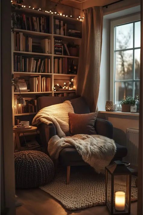 Reading Corner Sunroom, Book Nook Seating, Book Corner Apartment, Nook With Window Ideas, Built In Corner Reading Nook, Living Room Chair Corner, Reading Nook Guest Room, Reading Nook Room Ideas, Living Room Book Nook