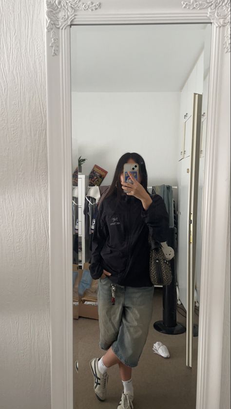 outfit inspo, jorts Arcteryx miffy gopcore Arcteryx Outfit Women, Onitsuka Tiger Women Outfit Casual, Onitsuka Outfit Women, Onitsuka Tokuten Outfit, Onitsuka Tiger Shoes Outfit, Tiger Onitsuka Women Outfit, Onitsuka Tiger Street Style, Tiger Shoes Outfit, Ootd Onitsuka Tiger Women