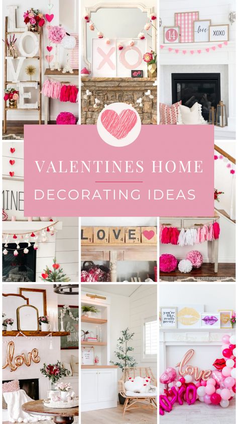 Pink And Red Valentines Decor, Valentine’s Day Living Room Decorations, Fireplace Mantle For Valentine’s Day, Valentines Fireplace Decor, Valentine’s Day Decor Ideas, Kitchen Valentines Day Decor, Valentine’s Day Living Room Decor, Valentine's Day Home Decor Ideas, Valentine Fireplace Decor