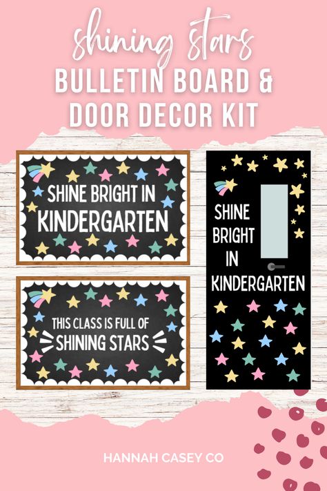 Create an adorable classroom door or bulletin board. Decorate with cute stars to make your hall or classroom a welcoming and bright place to be! You can add student names to the stars to make it even more personalized. This is perfect for back to school to invite your students to their new class and grade level. Includes two design options! This Class Is Full of Shining Stars and Shine Bright in _____. Includes letters for every grade level from kindergarten to 5th grade. Shining Stars Bulletin Board, Stars Classroom Door, Stars Bulletin Board Ideas, Star Bulletin Board Ideas, Reach For The Stars Bulletin Board, Shine Bright Bulletin Board, Stars Classroom Theme, Star Themed Classroom, Star Bulletin Boards