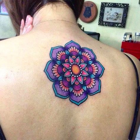 Bright and Bold Flower Mandala Tattoo by Jan Fresco at Good Hand Tattoo #JanFresco #GoodhandTattoo #Tox #Bright #Bold #Flower #Mandala Colorful Mandala Tattoo, Dotwork Tattoo Mandala, Mandala Rose Tattoo, Tatuaje Cover Up, 27 Tattoo, Mandala Flower Tattoos, Tattoo Mandala, Geniale Tattoos, Tattoo Care