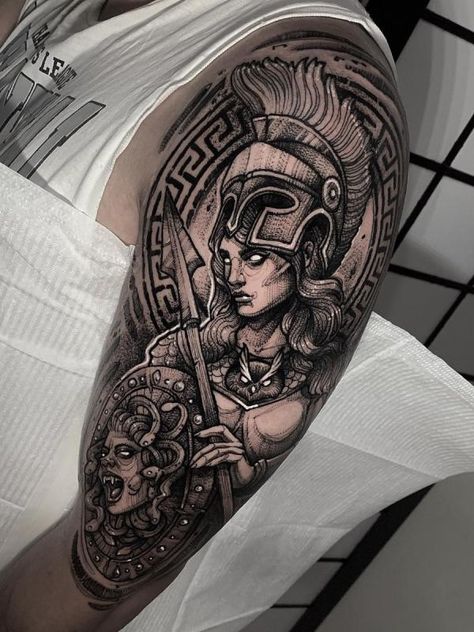 Greek Goddess Tattoo, Tattoo Medusa, Greece Tattoo, Athena Tattoo, Greek God Tattoo, Shield Tattoo, Zeus Tattoo, Medusa Tattoo Design, Greek Mythology Tattoos