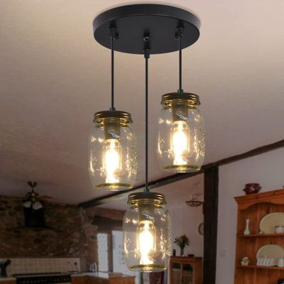 The entry way lighting inside hanging featuring a round canopy with 3 mason jar bottle-inspired glass shades. You can DIY adjust the wire length to your preferred shape. Simple linear farmhouse pendant lights, especially designed to illuminate the heart of your kitchen, dining room or farm styled places, The hanging light fixtures clear quart-size glass jar shades for an eclectic look. The kitchen island pendant light perfect for bedroom, bathroom, dining room, corridor, staircase, office, loft, Farm Light Fixtures, Staircase Office, Country Pendant Lighting, Mason Jar Pendant Light, Light Fixtures Farmhouse, Office Loft, Farmhouse Chandelier Lighting, Barndominium Interior, Jar Chandelier