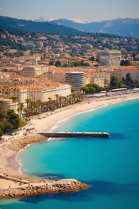 The sunny coastline of Cannes, with a clear view of the beach and the sea. Cannes France Beach, Study Abroad Rome, Cannes Summer, Monaco Summer, Cannes Beach, Beach Looks, South France, Cannes France, Cote D’azur