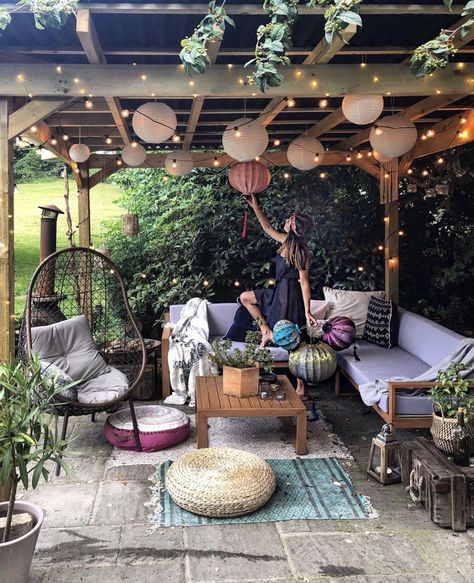 Luna Bazaar's Paper Lanterns & Weatherproof String Light Cords Relaxing Patio, Small Patio Decor, Boho Patio, Enclosed Patio, Patio Inspiration, Patio Cover, Backyard Inspiration, Small Backyard Patio, Cover Ideas