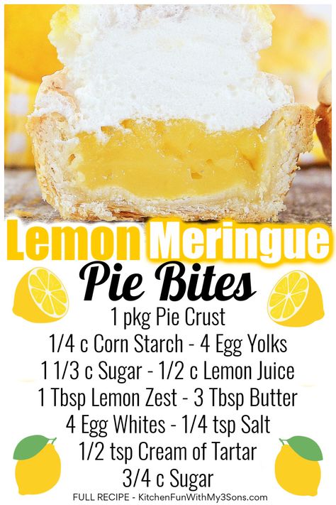 Mini Lemon Meringue Pies, Tiny Pies, Mini Pie Recipes, Lemon Brownies, Best Pizza Dough, Lemon Dessert, Kidney Friendly Foods, Mini Pie, Pie Bites