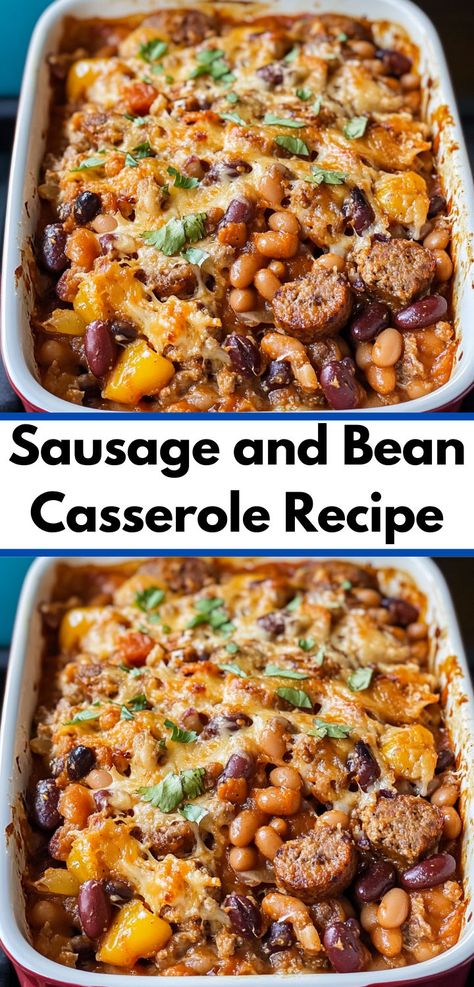 Looking for dinner ideas? This Sausage and Bean Casserole Recipe is perfect for dinner recipes, whether for two or the whole family. A flavorful choice among sausage recipes, bean recipes, and easy casserole recipes! Sausage And Beans Recipes, Sausage And Bean Casserole, Sausage Casserole Recipes, Easy Family Dinner, Sausage Casserole, Ground Sausage, Easy Family Dinners, Bean Casserole, Easy Casserole Recipes