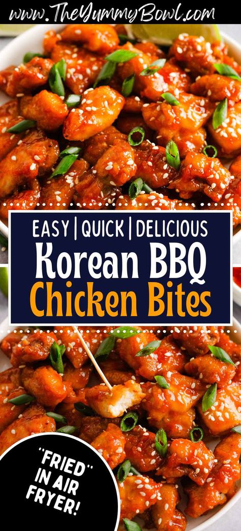 Discover the ultimate Korean BBQ Fried Chicken Bites made easy in the air fryer. Crispy, flavorful, and healthier—perfect for a quick, delicious meal Korean Chicken Bbq Recipes, Easy Chicken Air Fryer Meals, Chicken Korean Bbq, Korean Fried Chicken Bites, Korean Chicken Tenders, Korean Chicken Dishes, Asian Chicken Air Fryer Recipes, Air Fryer Korean Fried Chicken, Crispy Chicken Bites Recipes