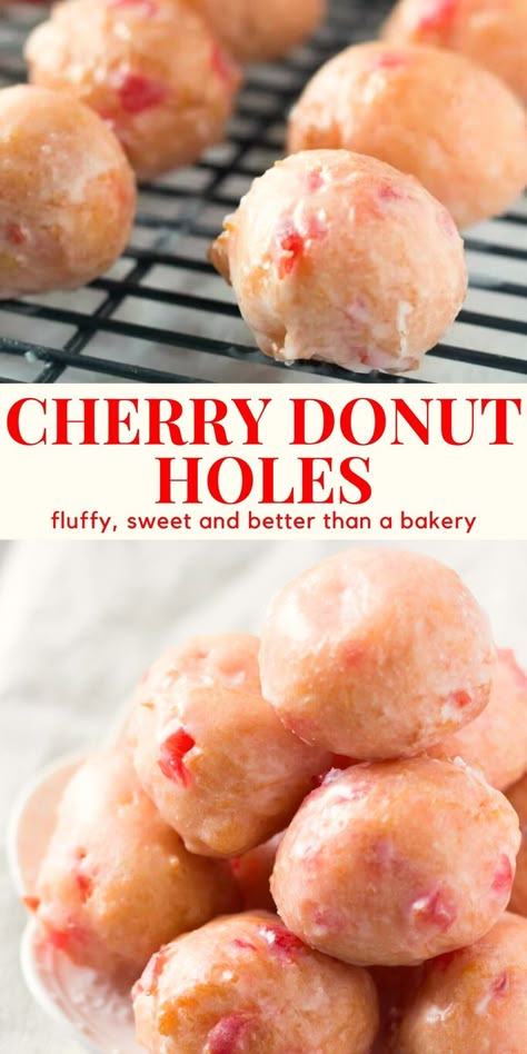 Learn to make cherry doughnut holes at home! This recipe makes fluffy donut holes filled with maraschino cherries and dipped in a sweet glaze. #cherry #donuts #doughnuts #donutholes from Just So Tasty https://www.justsotasty.com/cherry-doughnut-holes/ Donut Whole Recipe, Easy Doughnut Holes, Mini Donut Machine Recipes, Jelly Doughnut Recipe, Raspberry Filled Donuts Recipe, Cake Mix Donut Holes, Baking Donuts Recipe, Donut Sticks Recipe, Old Fashioned Donuts Recipe