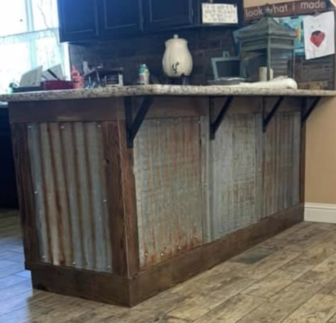 Rustic Corrugated Metal Wall, Galvanized Bar Ideas, Corrugated Tin Cabinets, Corrugated Metal Island Kitchen, Tin Chair Rail Corrugated Metal, Rustic Tin Walls Ideas, Corrugated Metal Kitchen Island, Diy Corrugated Metal Projects, Galvanized Island